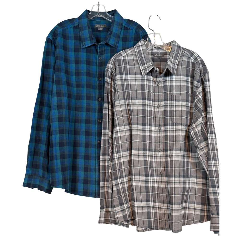 Lot of 2 Eddie Bauer‎ Mens 2XL Plaid Button Down Shirt Classic Gorpcore Flannel